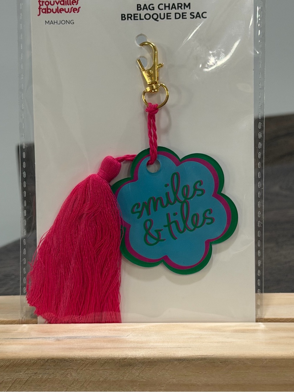Mahjong Floral Bag Charm with Hot Pink Tassel